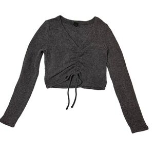 Wild Fable Women Charcoal Gray Fuzzy‎ Knit Ruched Long Sleeve Crop Top Size L